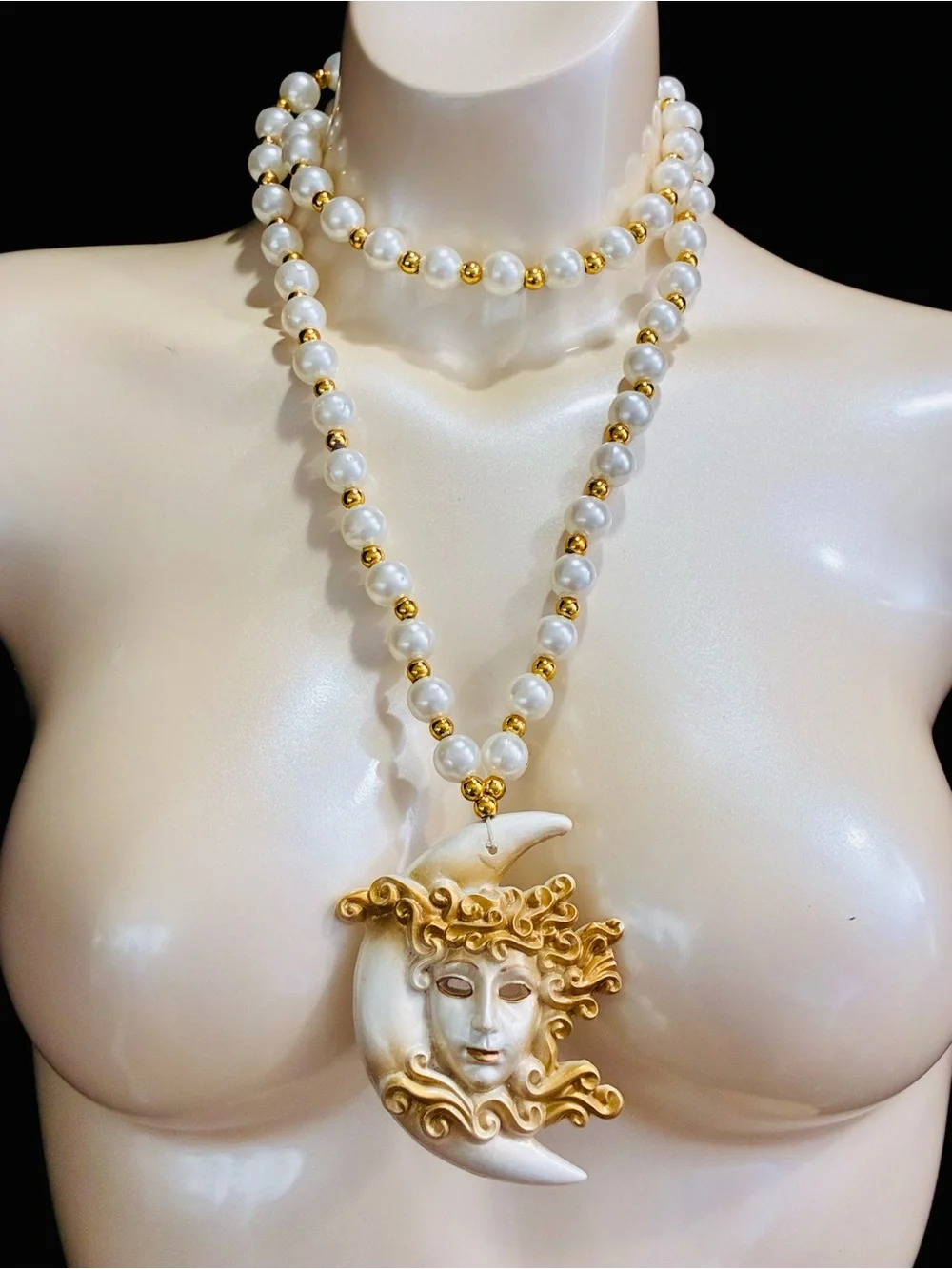 Venetian-Style Mardi Gras  White Pearl Bead Necklace with Gold Moon Mask Pendant